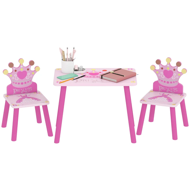 Qaba 3-Piece Set Kids Wooden Table Chair with Crown Pattern Easy to Clean Gift for Girls Toddlers Age 2-4 Years Old Pink