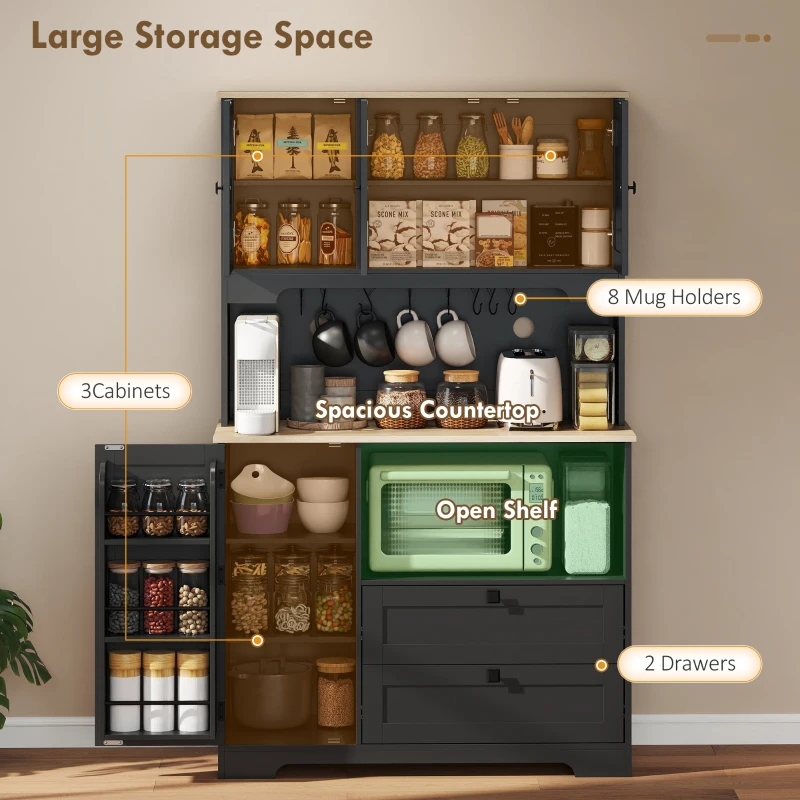 HOMCOM Kitchen Pantry Cabinet, 64" Tall Kitchen Hutch with 3 Cabinets, 2 Drawers, Adjustable Shelves, Microwave Stand, Black