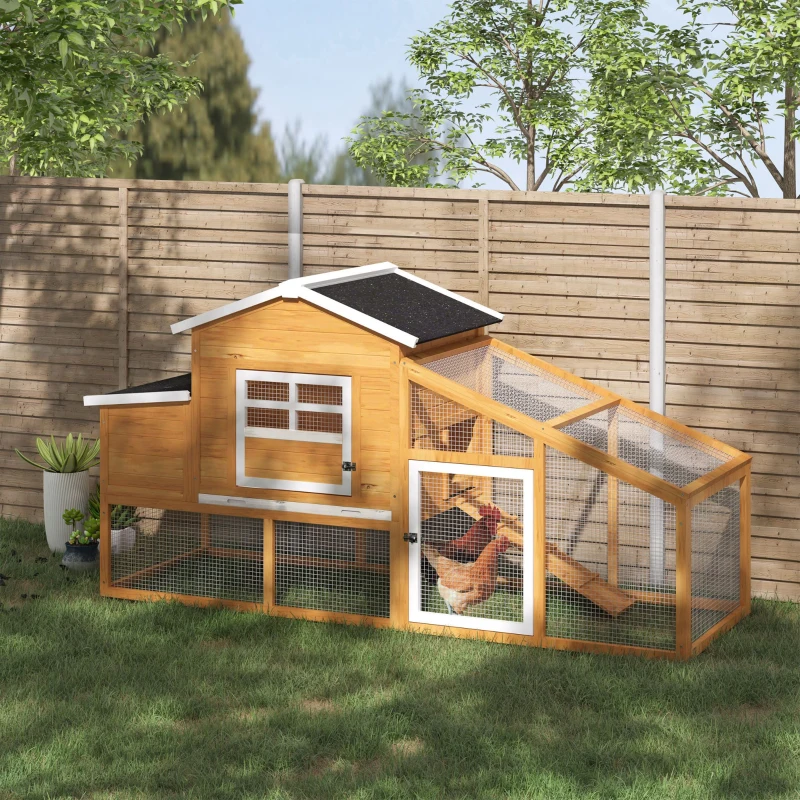 PawHut 79" Wooden Chicken Coop, Outdoor Hen House, Poultry Habitat with Removable Tray, Nesting Box, Run, Ramp, Brown