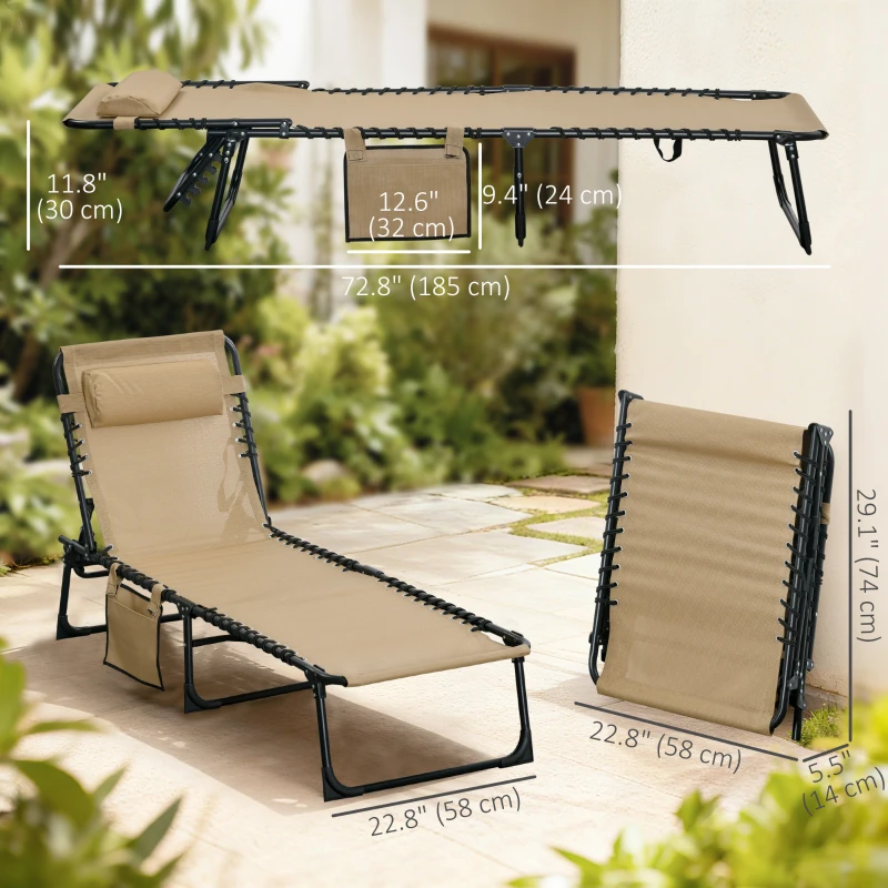 Outsunny Outdoor Folding Chaise Lounge, Reclining Lounge Chair with Adjustable Backrest and Removable Pillow, Beige