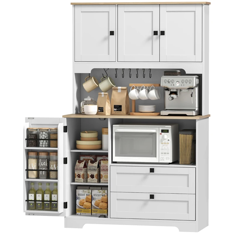 HOMCOM Kitchen Pantry Cabinet, 64" Tall Kitchen Hutch with 3 Cabinets, 2 Drawers, Adjustable Shelves, Microwave Stand, White