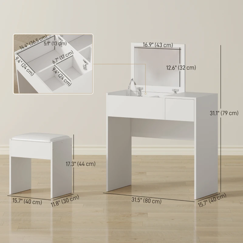 HOMCOM Modern Vanity Set with Flip Top Mirror and Cushioned Stool, Dressing Table with Storage Drawer for Bedroom, White