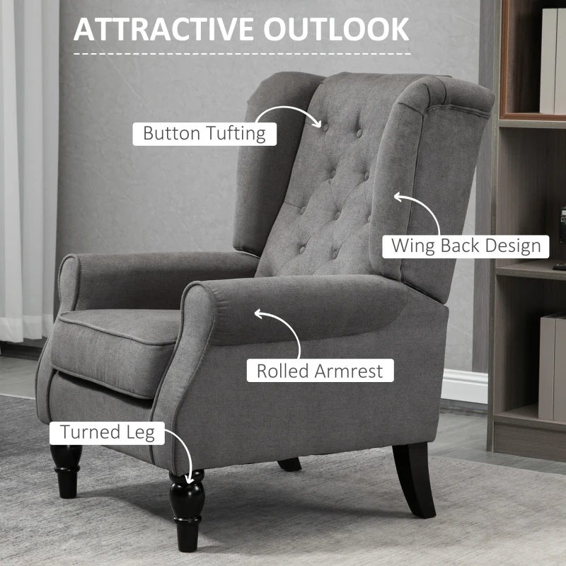 HOMCOM Wingback Accent Chair for Living Room, Button-Tufted Lounge Chair with Round Armrests and Wood Legs, Dark Gray