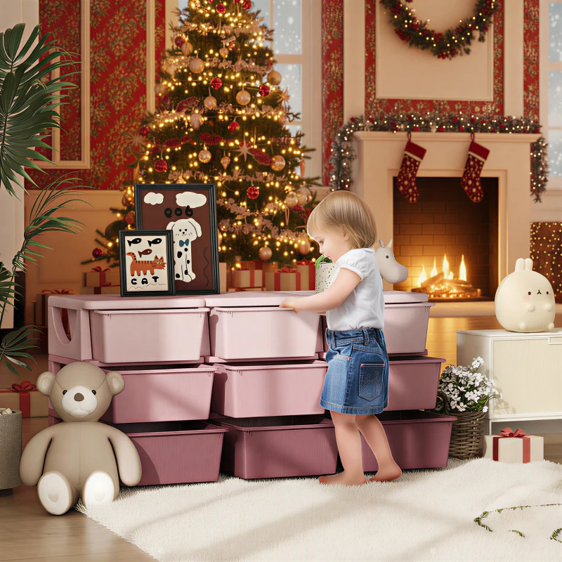 Qaba 29.5" 3 Tier Kids Storage Unit Dresser Tower w/ 9 Drawers, Pink