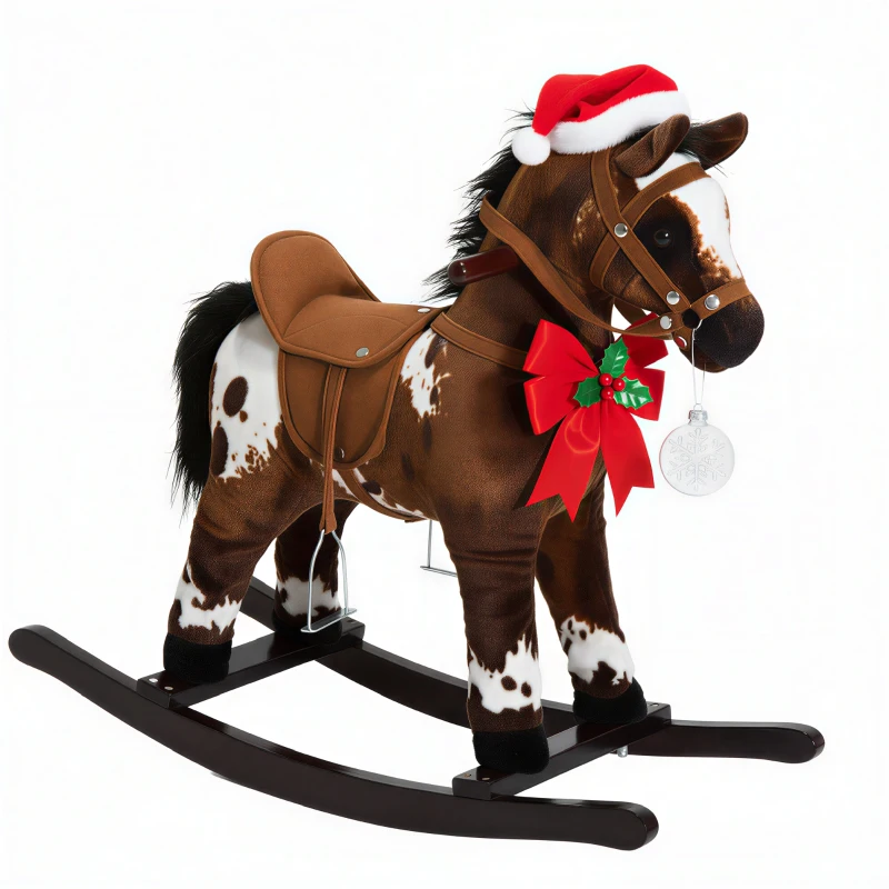 Qaba Kids Wooden Plush Ride-On Rocking Horse Chair Toy with Realistic Sounds Dark Brown/White