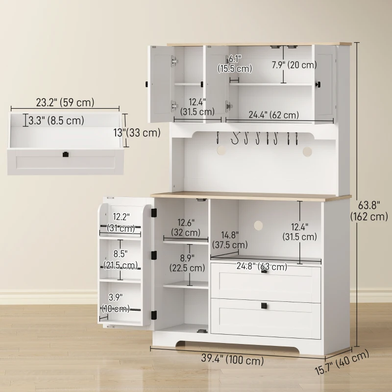 HOMCOM Kitchen Pantry Cabinet, 64" Tall Kitchen Hutch with 3 Cabinets, 2 Drawers, Adjustable Shelves, Microwave Stand, White