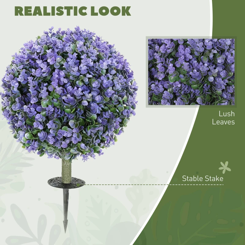 HOMCOM 2 Pack 1.3ft Artificial Ball Eucalyptus Topiary with Ground Stake, UV Resistant Faux Greenery for Indoor Outdoor
