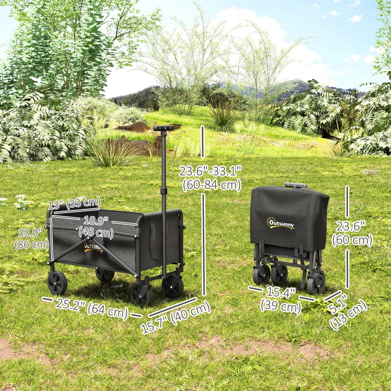 Outsunny Small Collapsible Folding Garden Cart, Heavy Duty Lawn Wagon with Universal Wheels and Adjustable Handle, Black