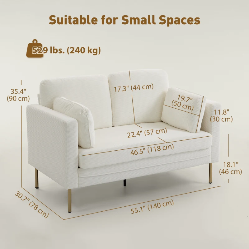 HOMCOM Loveseat Sofa, 55" Small Sofa Couch with 2 Pillows, Metal Legs for Living Room, Bedroom, Apartment, Cream White