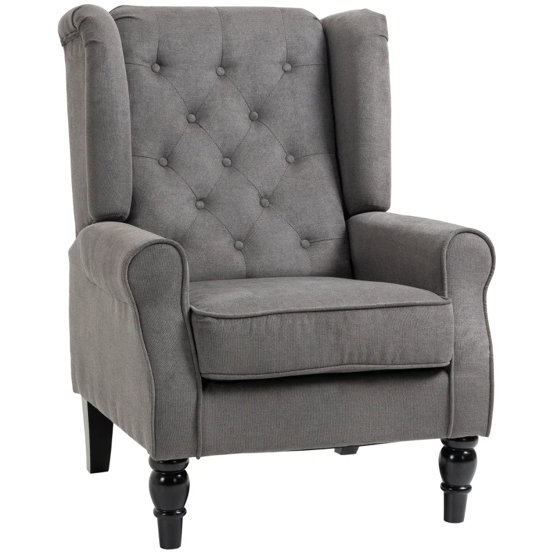 HOMCOM Wingback Accent Chair for Living Room, Button-Tufted Lounge Chair with Round Armrests and Wood Legs, Dark Gray
