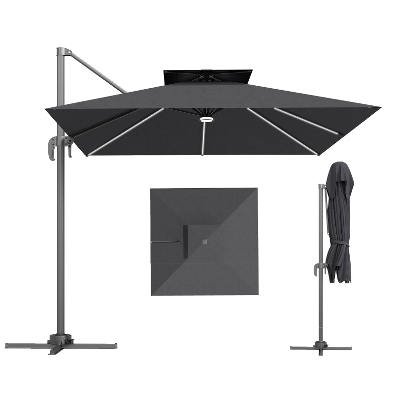 Outsunny 8' Cantilever Patio Umbrella with LED Lights, 360°Rotation, Tilt & Height Adjustment, Crank, Cross Base, Dark Grey