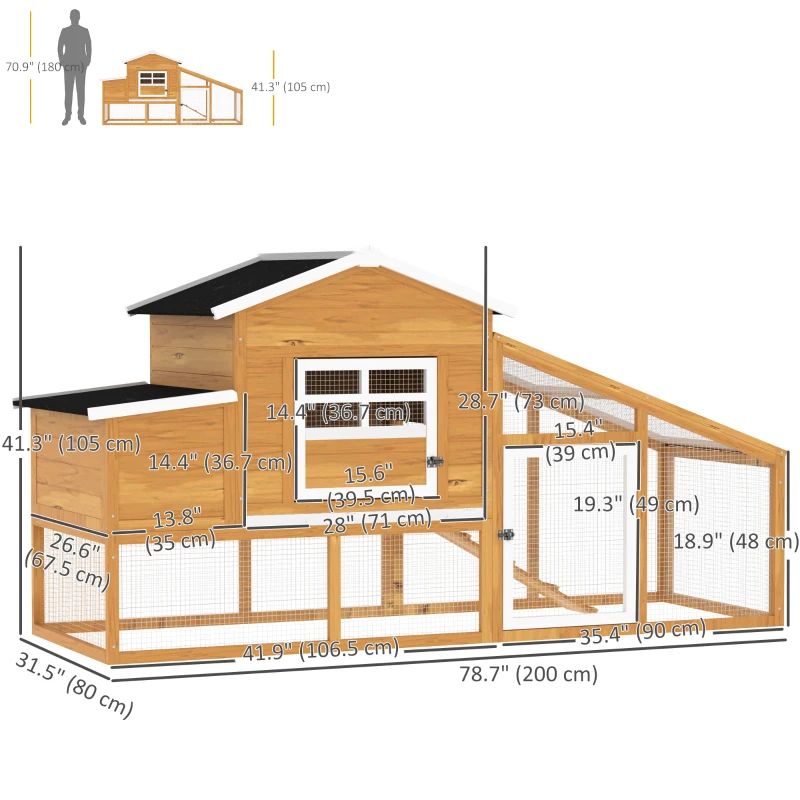 PawHut 79" Wooden Chicken Coop, Outdoor Hen House, Poultry Habitat with Removable Tray, Nesting Box, Run, Ramp, Brown