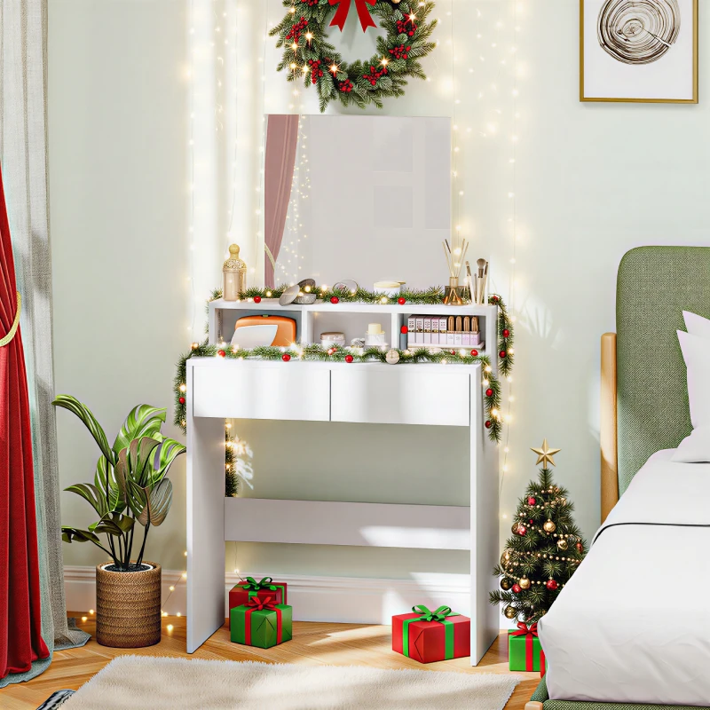 HOMCOM Makeup Vanity Desk with Mirror, for Bedroom, Modern Dressing Table with Drawers, Compartments, White