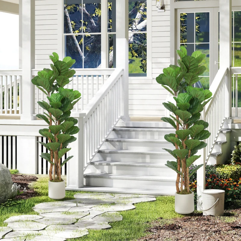 HOMCOM 5FT Artificial Fiddle Leaf Fig Tree Set of 2, Fake Potted Tree with Solid Wood Trunks for Indoor Decor, Green