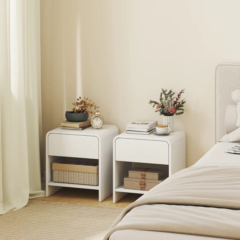 HOMCOM Nightstand Set of 2, Modern Bedside Table with Rounded Corners, Nightstand with Drawer and Open Shelf, Distressed White