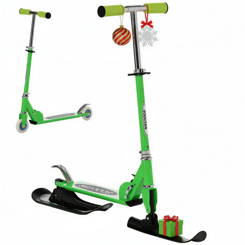 Qaba Snow Scooter, 2 in 1 Design Adjustable Height Scooter Snow Sled for Kids Aged Over 7 Years Old, Foldable Kids Sled Ski Scooter with Wheels Blades, Green