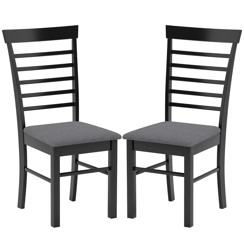 HOMCOM Wooden Dining Chairs Set of 2, Farmhouse Upholstered Kitchen Chairs with Rubber Wood Frame, Black and Gray