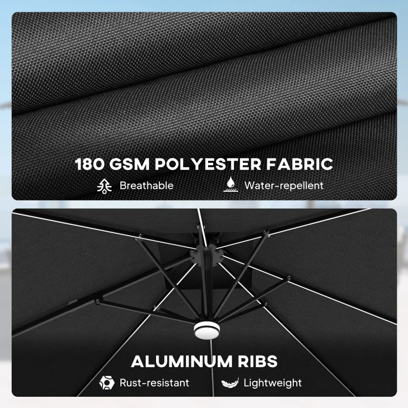 Outsunny 8' Cantilever Patio Umbrella with LED Lights, 360°Rotation, Tilt & Height Adjustment, Crank, Cross Base, Dark Grey