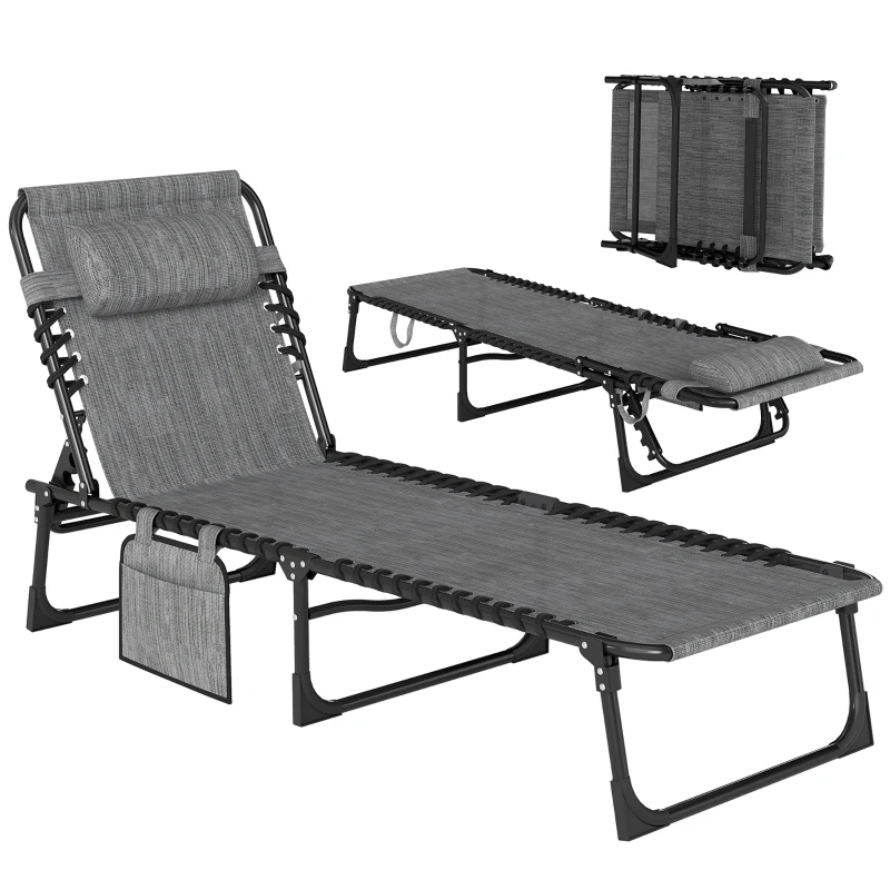 Outsunny Outdoor Folding Chaise Lounge, Reclining Lounge Chair with Adjustable Backrest and Removable Pillow, Mixed Grey