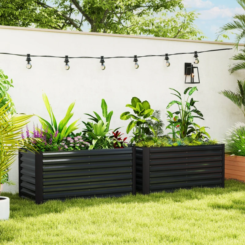 Outsunny Set of 2 Galvanized Metal Planters for Outdoor Plants, 4' x 2' x 2' Raised Garden Bed, Dark Grey