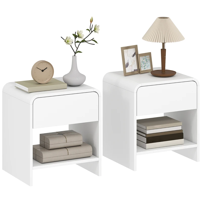 HOMCOM Nightstand Set of 2, Modern Bedside Table with Rounded Corners, Nightstand with Drawer and Open Shelf, Distressed White