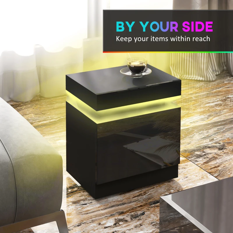 HOMCOM Nightstand, Bedside Table with LED Lights and 2 Drawers for Bedroom, Living Room, Black