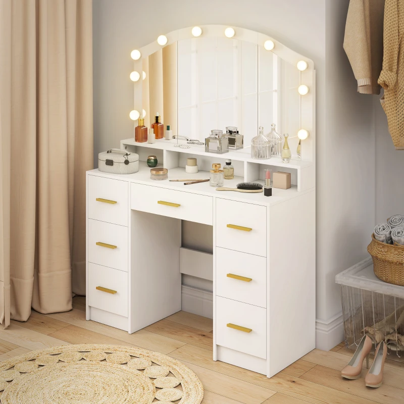 HOMCOM Makeup Vanity with Mirror and 10 LED Lights, 3 Colour Adjustable, Dressing Table with 7 Drawers, 3 Compartments, White