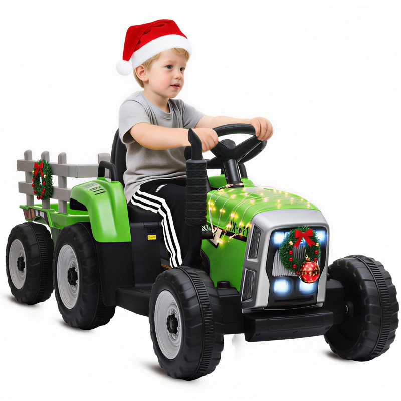 Aosom 12V Kids Ride on Tractor with Trailer, Battery Powered Electric Kids Car with Remote Control, Music Start up Sound and Horn, USB, LED Lights, Green