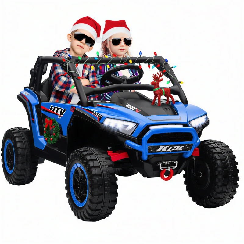 Qaba 2 Seater 24V 7AH Ride on Truck, Electric Car for Kids w/ Spring Suspension, Remote Lights, Horn, Music, Blue