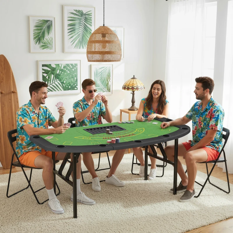 Soozier Poker Table Foldable, 72" Portable Casino Blackjack Table for 8 Players with Felt Surface, Cup Holders, Green
