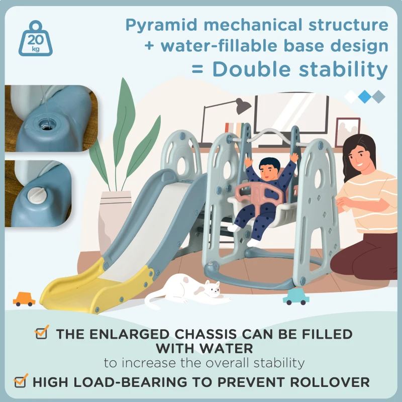 Qaba 4 in 1 Kids Slide and Swing Set with Basketball Hoop Adjustable Height Water-fillable Base Toddler Climber Playset Playground Activity Center Indoor Outdoor Exercise Toy