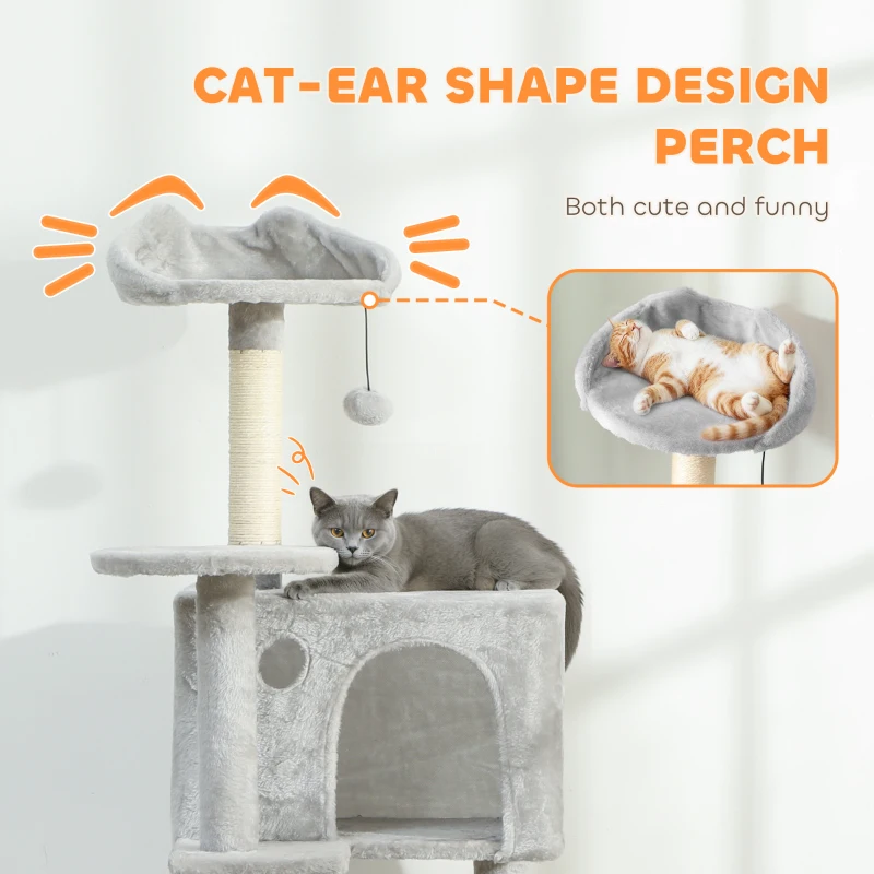 PawHut 63 Inch Cat Tree with Sisal Scratching Posts, Condos, Plush Perches, Hammock, Ladder, Dangling Balls, Light Grey