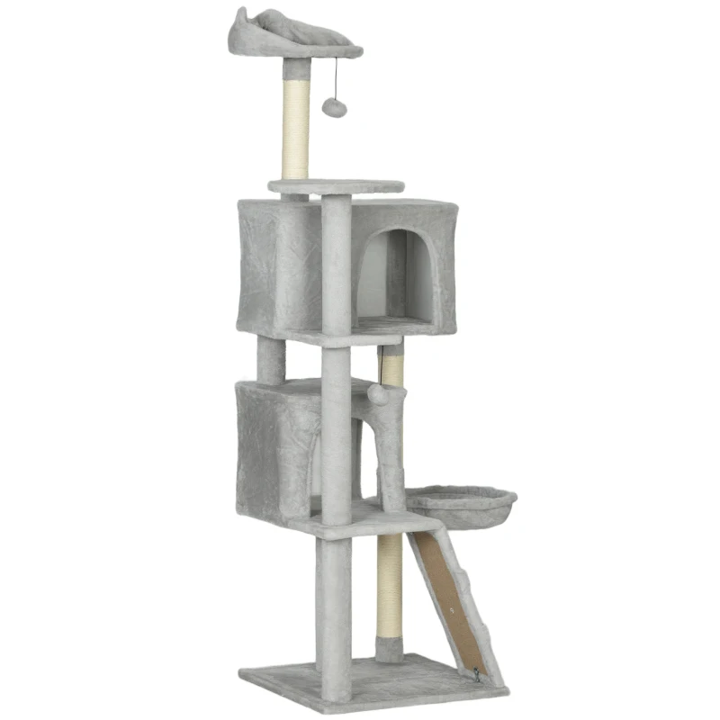 PawHut 63 Inch Cat Tree with Sisal Scratching Posts, Condos, Plush Perches, Hammock, Ladder, Dangling Balls, Light Grey