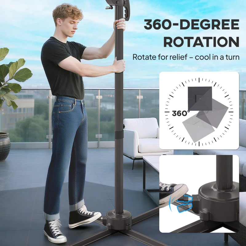 Outsunny 8' Cantilever Patio Umbrella with LED Lights, 360°Rotation, Tilt & Height Adjustment, Crank, Cross Base, Dark Grey