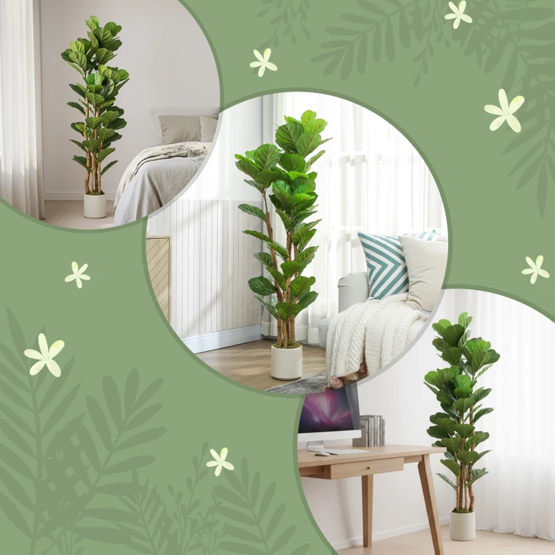 HOMCOM 5FT Artificial Fiddle Leaf Fig Tree Set of 2, Fake Potted Tree with Solid Wood Trunks for Indoor Decor, Green