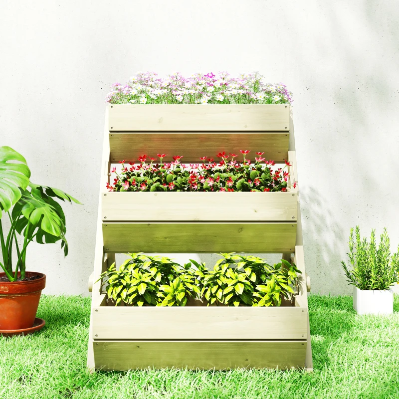 Outsunny 3 Tier Elevated Planter Box, Vertical Wooden Raised Garden Bed for Flowers, Vegetables, 26" x 30" x 30", Light Green
