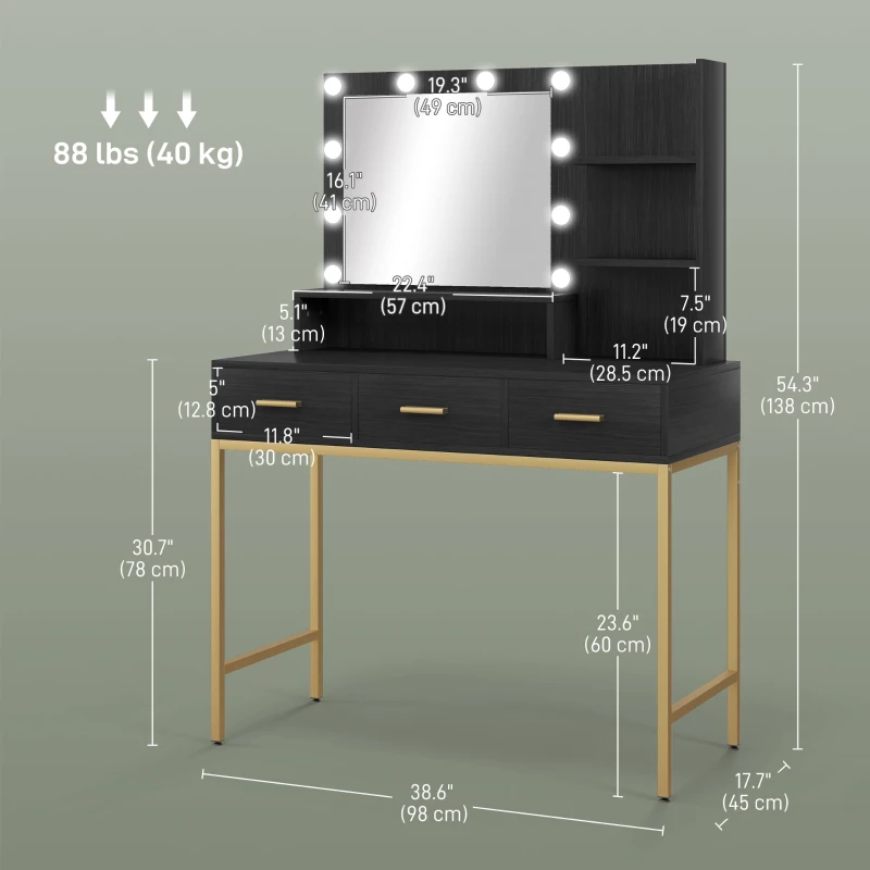 HOMCOM Illuminated Dressing Table, LED Vanity Table with Mirror, 3 Drawers and Storage Shelves for Bedroom, Black