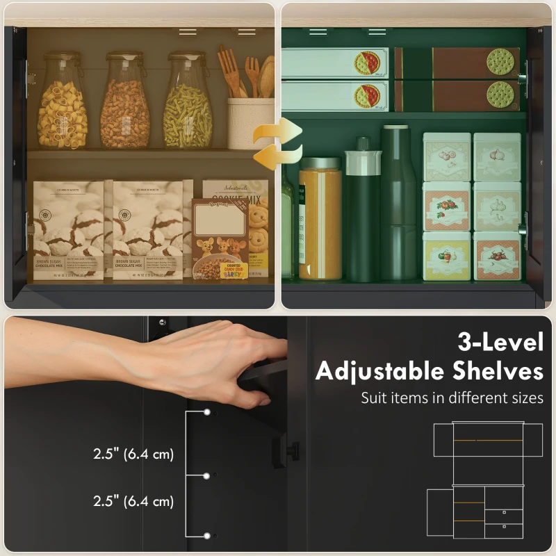 HOMCOM Kitchen Pantry Cabinet, 64" Tall Kitchen Hutch with 3 Cabinets, 2 Drawers, Adjustable Shelves, Microwave Stand, Black