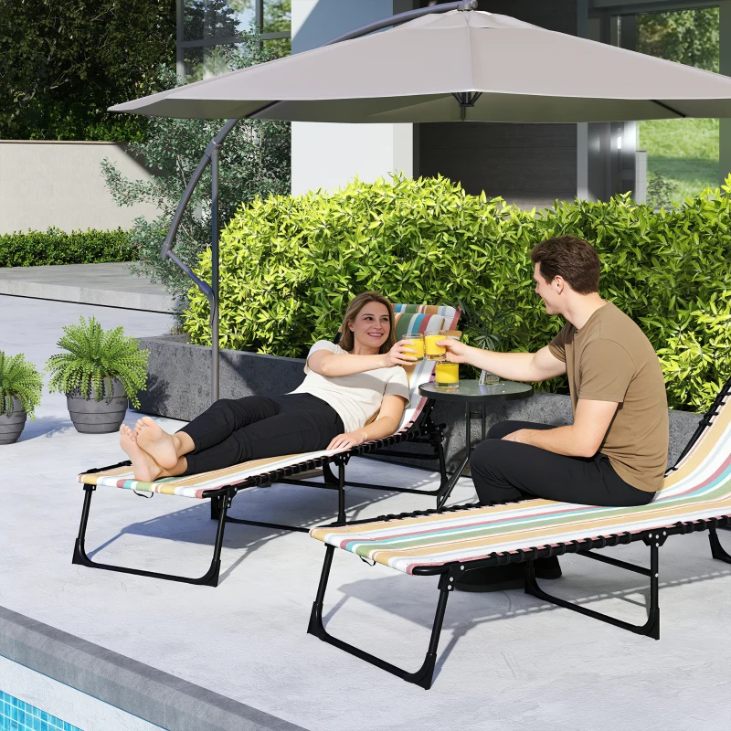 Outsunny Outdoor Folding Lounge Chair, 4-Level Adjustable Chaise Lounge with Headrest, Tanning Chair Beach Bed, Reclining Lounger Cot for Camping, Hiking, Backyard, Multicoloured