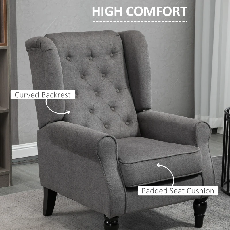 HOMCOM Wingback Accent Chair for Living Room, Button-Tufted Lounge Chair with Round Armrests and Wood Legs, Dark Gray