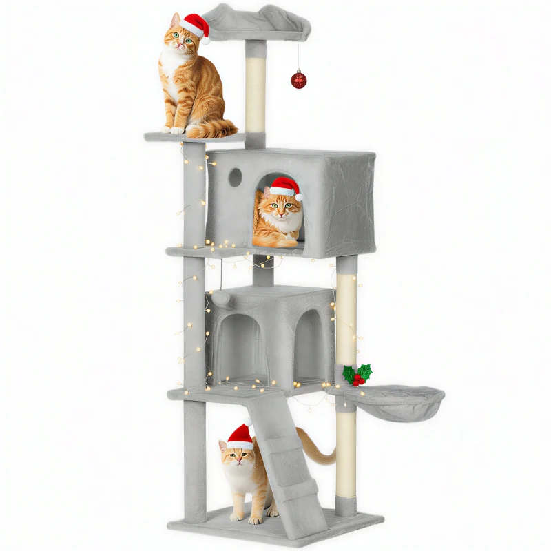 PawHut 63 Inch Cat Tree with Sisal Scratching Posts, Condos, Plush Perches, Hammock, Ladder, Dangling Balls, Light Grey