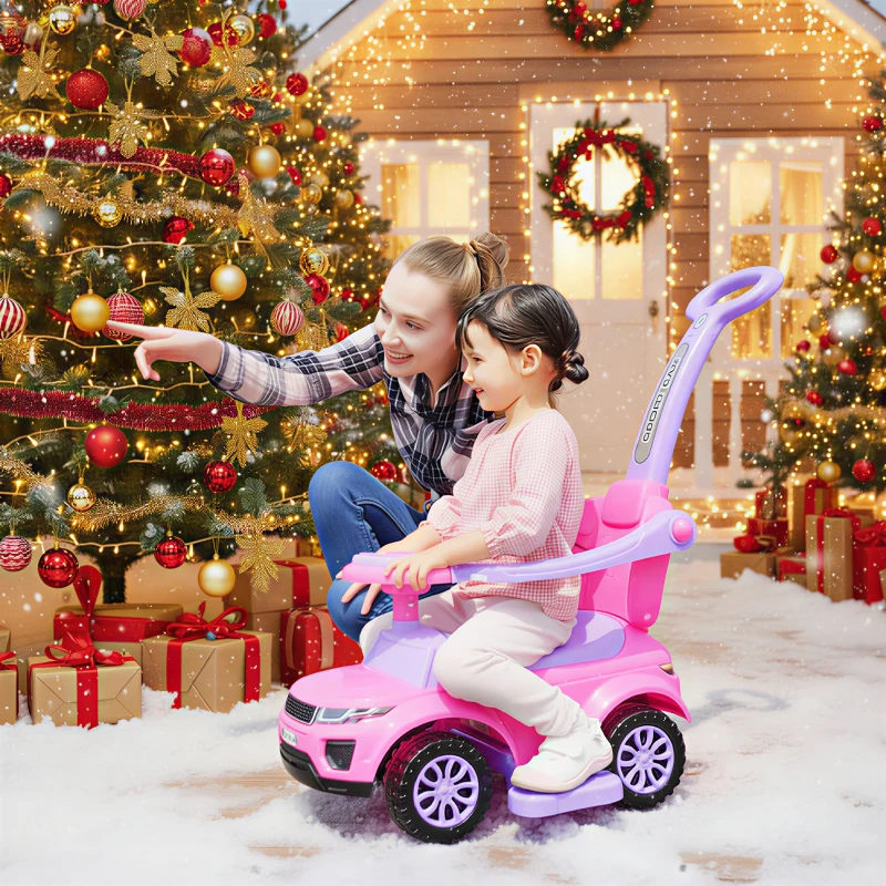 Aosom 2 In 1 Push Cars for Toddlers Kid Ride on Push Car Stroller Sliding Car with Horn Music Light Function Secure Bar Ride on Toy for Boy Girl 1-3 Years Old Pink