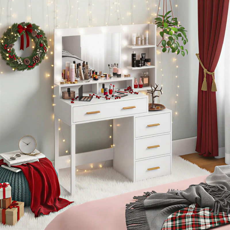 HOMCOM Illuminated Dresssing Table, LED Vanity Table with Mirror, Drawer and Storage Shelves for Bedroom, White