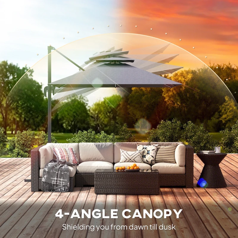 Outsunny 8' Cantilever Patio Umbrella with LED Lights, 360°Rotation, Tilt & Height Adjustment, Crank, Cross Base, Dark Grey