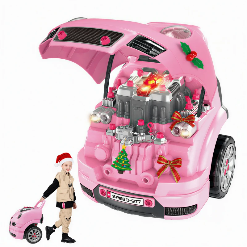 Qaba Mechanic Kids Truck Engine Toy Set, Car Service Play Set, Pink