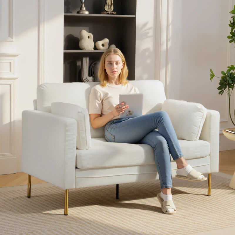 HOMCOM Loveseat Sofa, 55" Small Sofa Couch with 2 Pillows, Metal Legs for Living Room, Bedroom, Apartment, Cream White