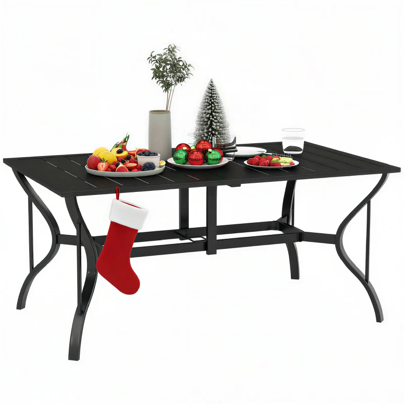 Outsunny Rectangular Patio Table with Umbrella Hole, Steel Rectangle Outdoor Dining Table for 6 People for Garden, Black