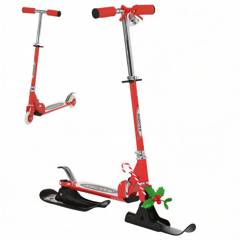 Qaba Snow Scooter, 2 in 1 Design Adjustable Height Scooter Snow Sled for Kids Aged Over 7 Years Old, Foldable Kids Sled Ski Scooter with Wheels Blades, Red