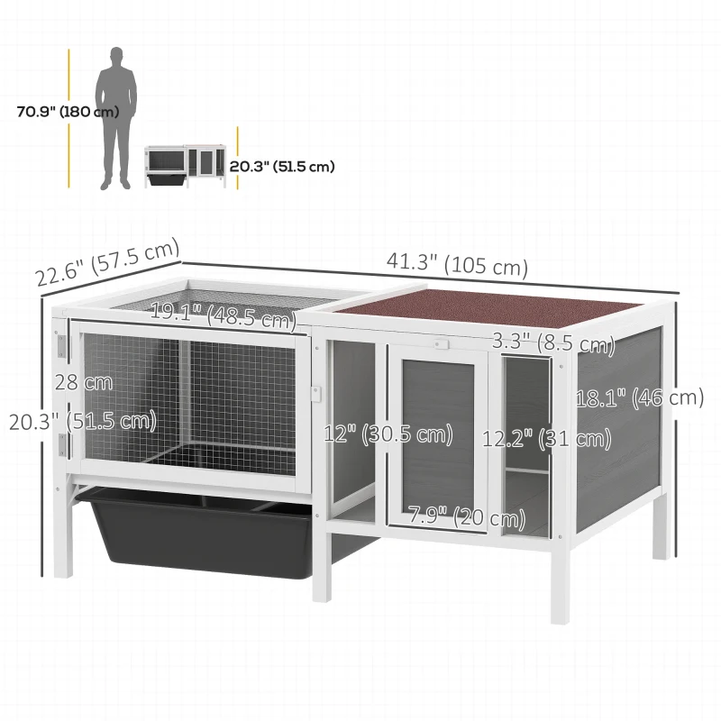 PawHut Rabbit Hutch, Wooden Guinea Pig Cage with Run, Openable Top, Pull Out Tray and Ramp, Water-Resistant Roof, Grey