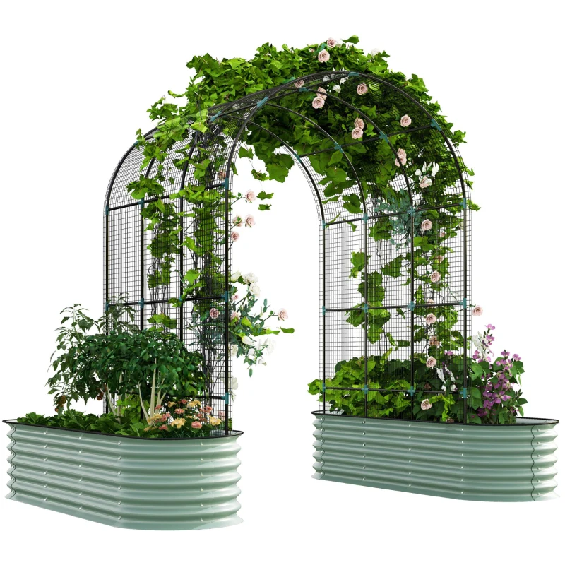 Outsunny Galvanized Raised Garden Beds with Arch Trellis, Metal Planter Box with Climbing Net, Rubber Strap Edging, Open Bottom
